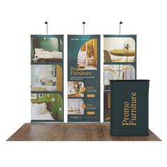 3 green banner stands on a wooden floor with a podium and a transparent background