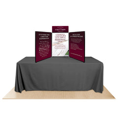 Promoter backlit table top display with images on white background. 