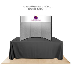 Promoter backlit table top display with backlit header on white background. 