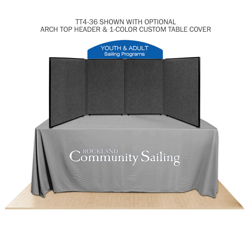 Promoter backlit table top display with images on white background. With arch header. 