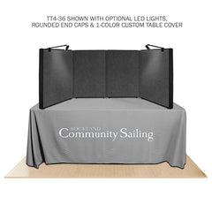 Promoter backlit table top display with gray solid color and lights on white background. 