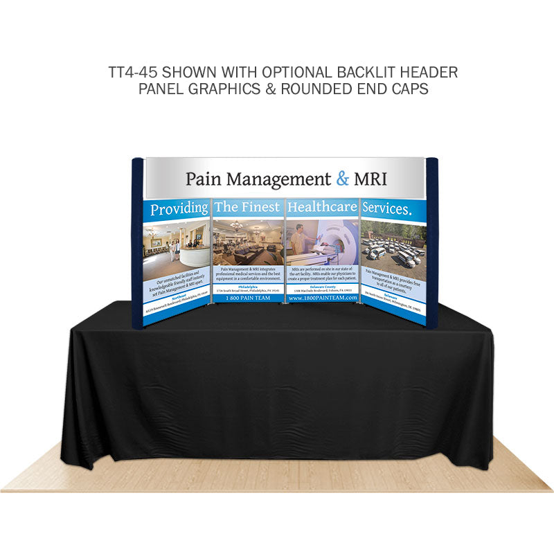 Promoter backlit table top display with images on white background. 