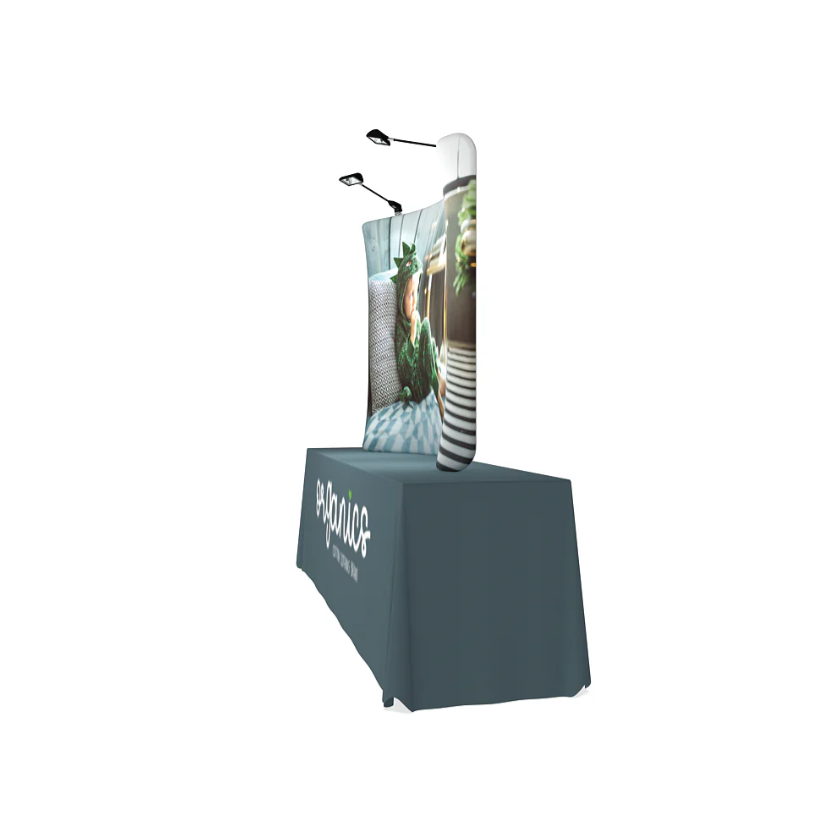 8ft waveline table top display curved on a white backdrop. Right side angle.